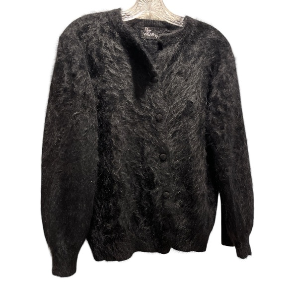90’s Japanese Vintage 100% Wool Fuzzy Furry Soft Cardigan Black Buttons S/M - Picture 4 of 10